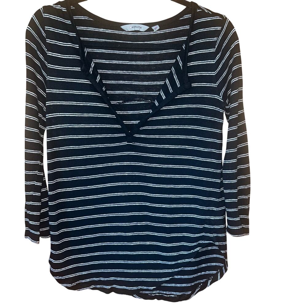 Black White Striped Quarter Sleeve Athleta V-Neck T-Shirt Size Extra Small XS